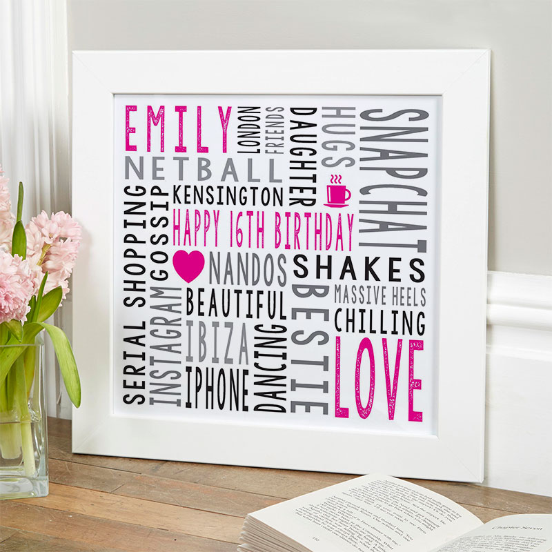 16th birthday gift for girls personalized word art print square