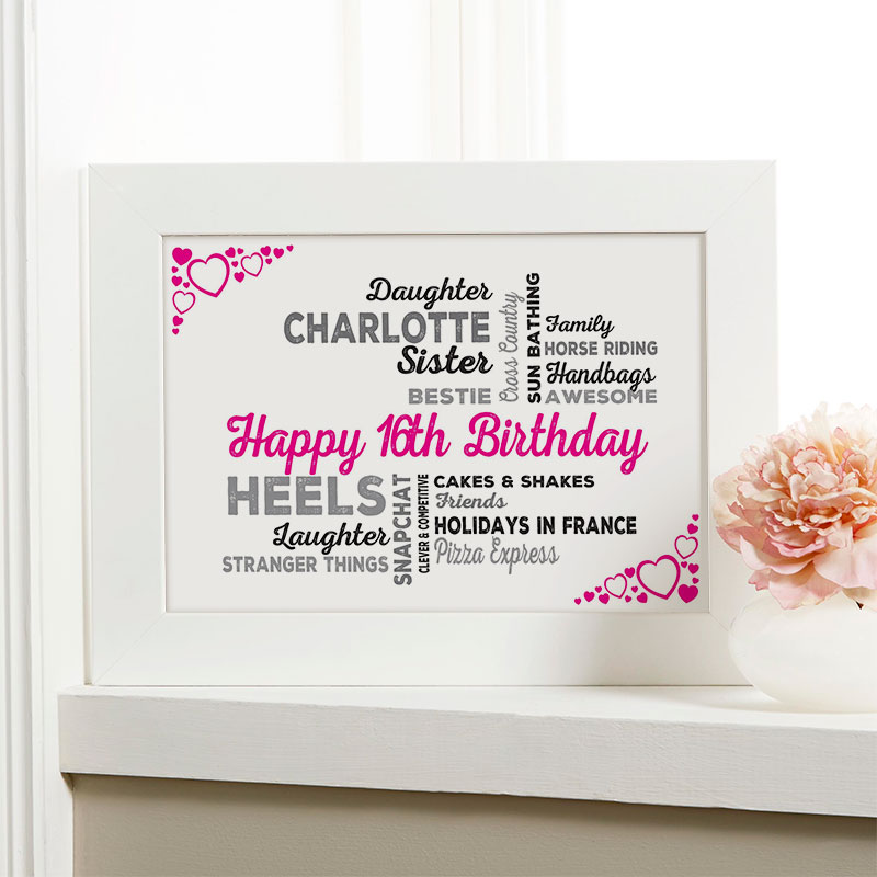 16th birthday gift for girls typographic art personalized framed print