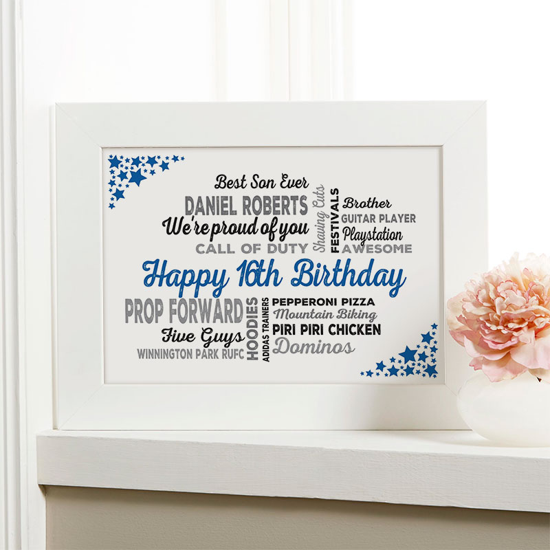 16th birthday gift for boys typographic art personalized print