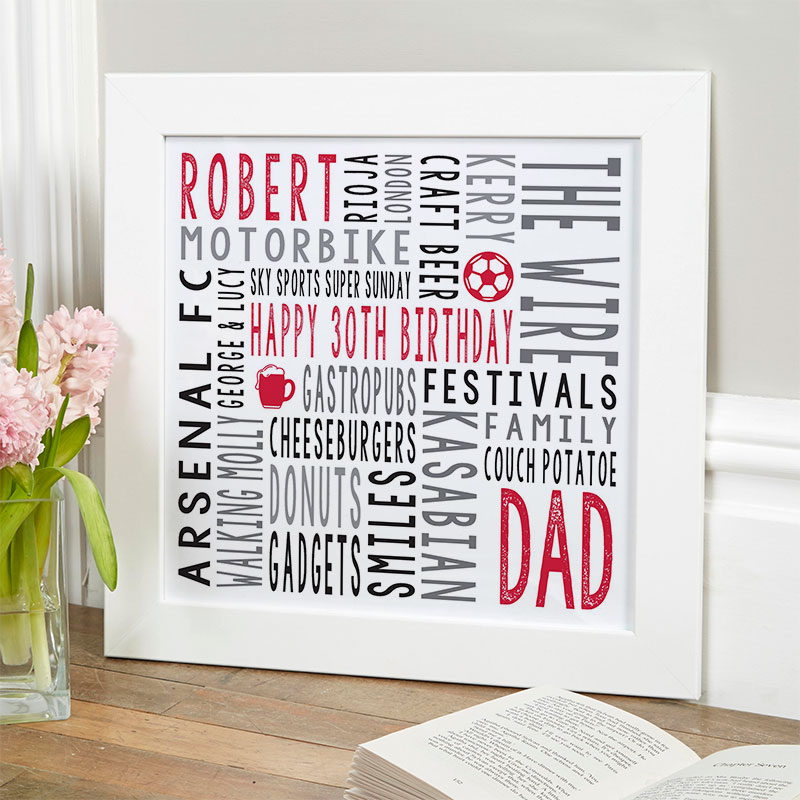 30th birthday gift for him personalized word art print square